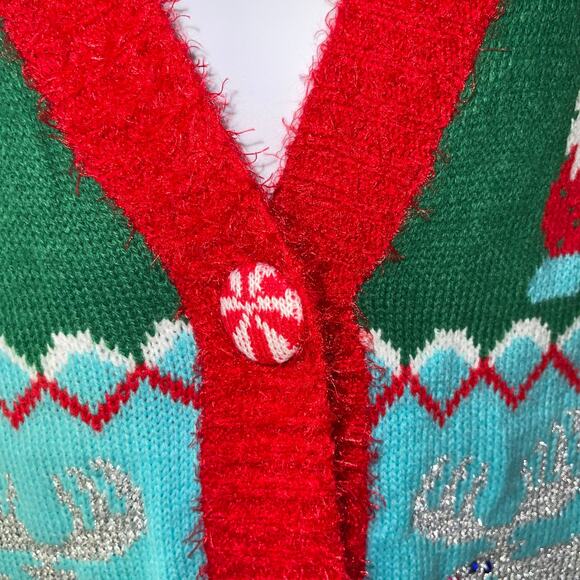 Holiday Time Groovy Gnomes Ugly Christmas Cardigan Sweater Size Small - Picture 4 of 6